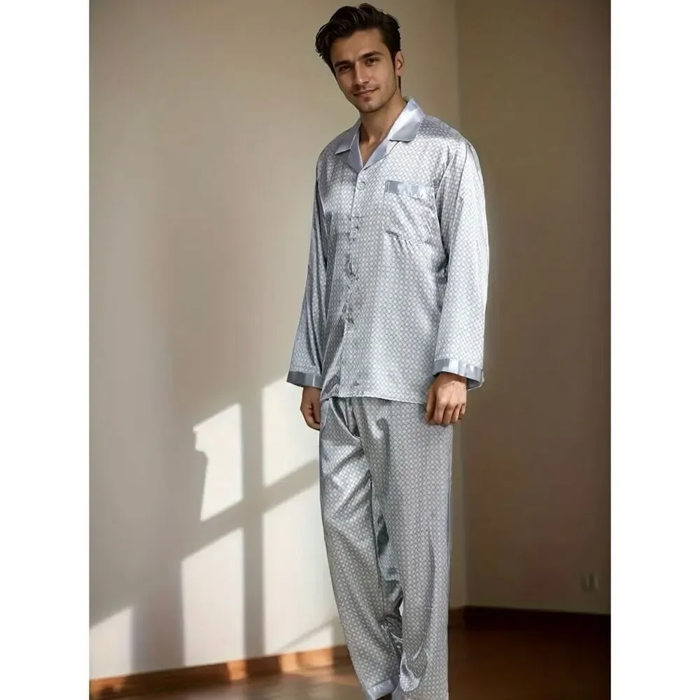 NWT Dreams M Men’s Silky Silver Satin Pants & Long sleeve top Shirt Pajama Set
